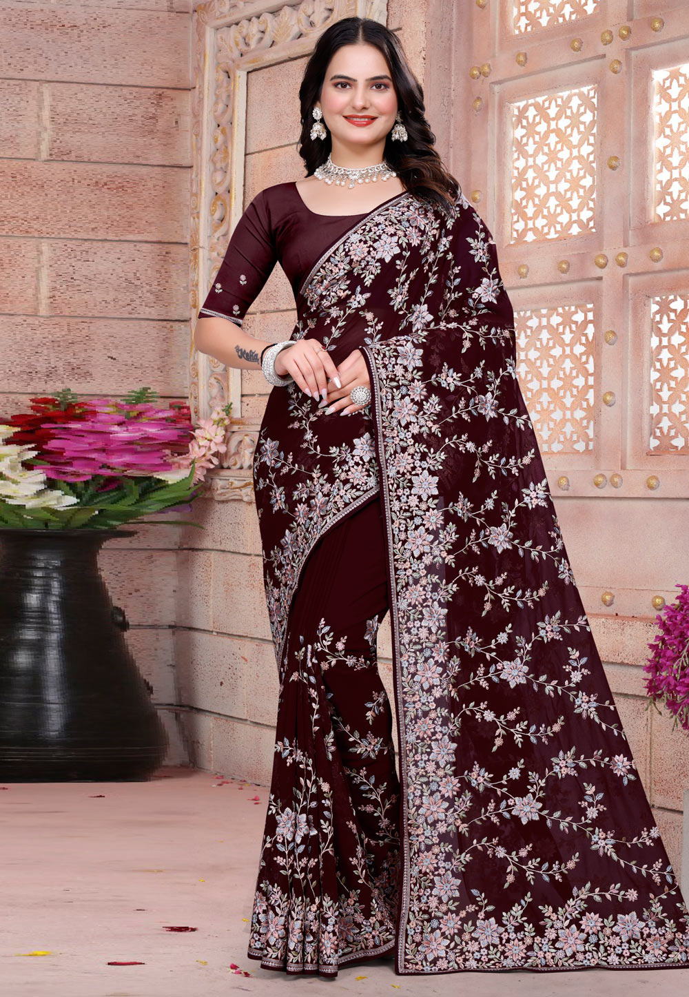 Maroon Georgette Saree With Blouse 307768