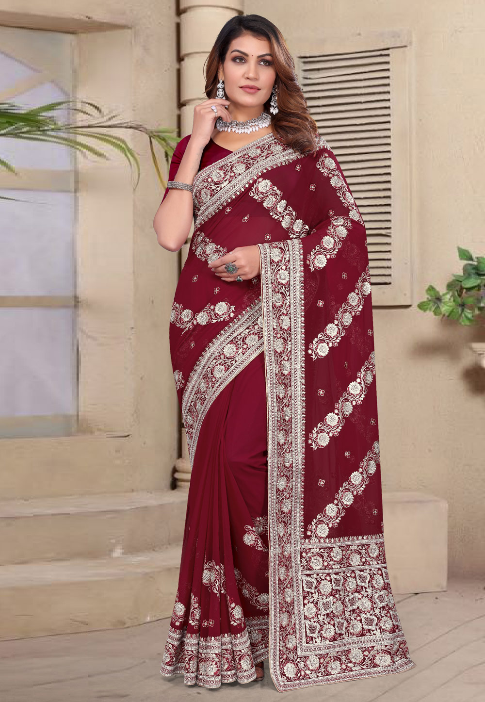 Maroon Georgette Saree With Blouse 307776
