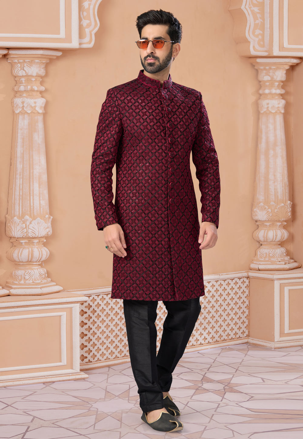 Maroon Jacquard Indo Western Sherwani 282256