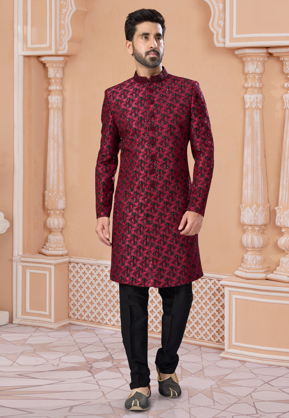 Maroon Jacquard Indo Western Sherwani 282260