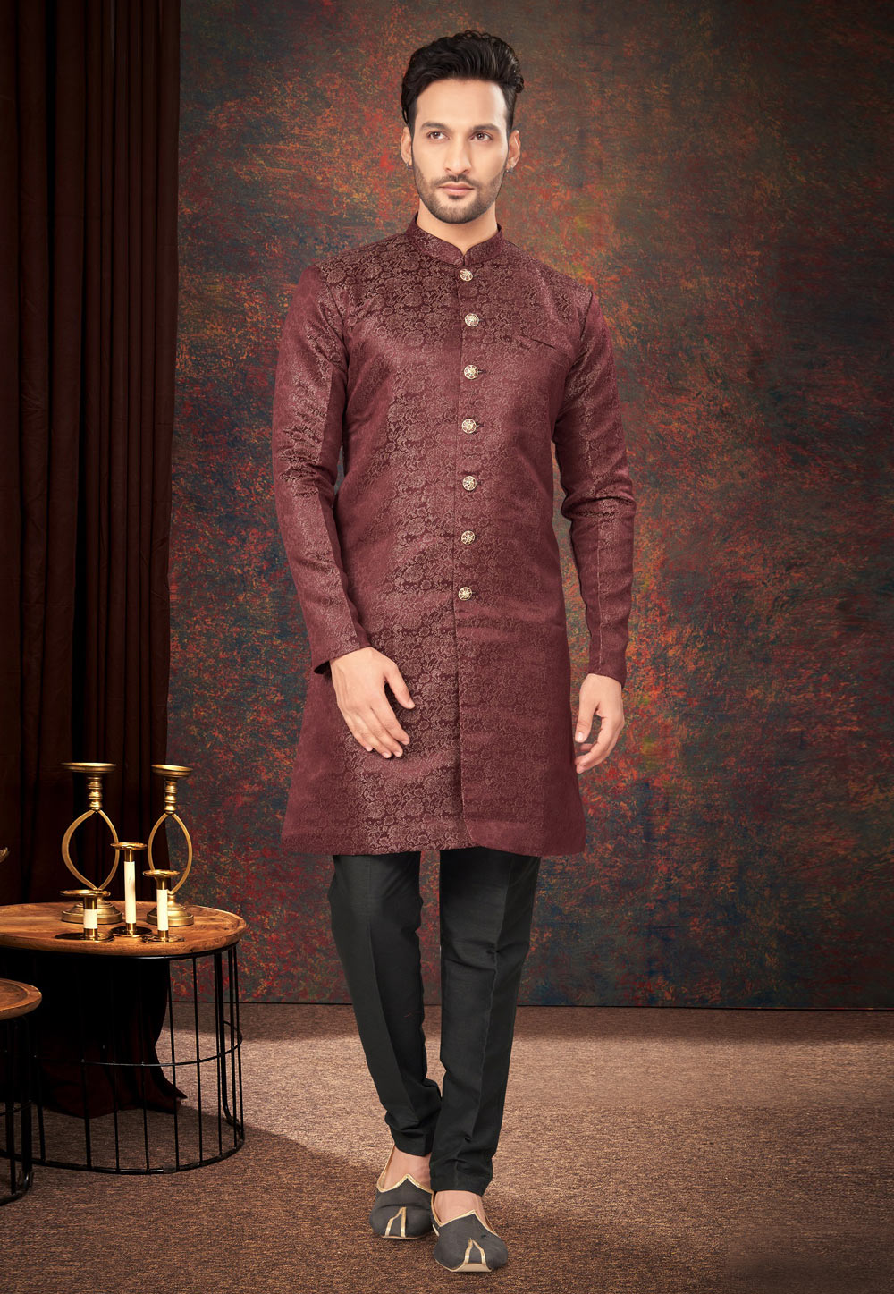 Maroon Jacquard Indo Western Suit 284002
