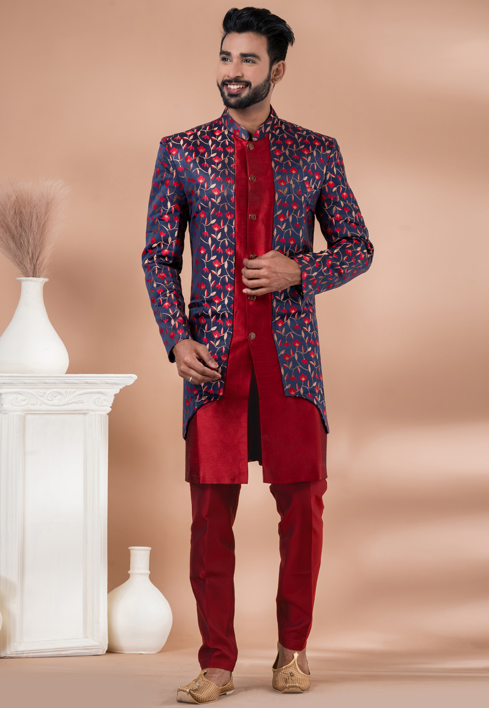 Maroon Jacquard Indo Western Suit 283129