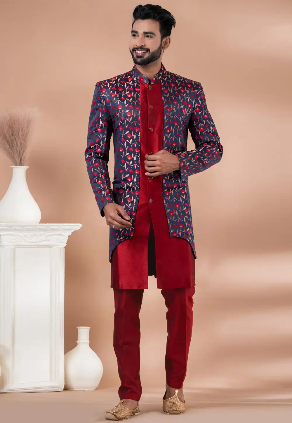 Maroon Jacquard Indo Western Suit 283129