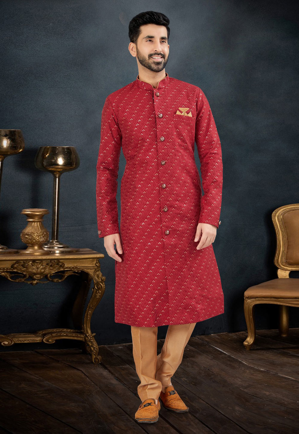 Maroon Jacquard Indo Western Suit 282510
