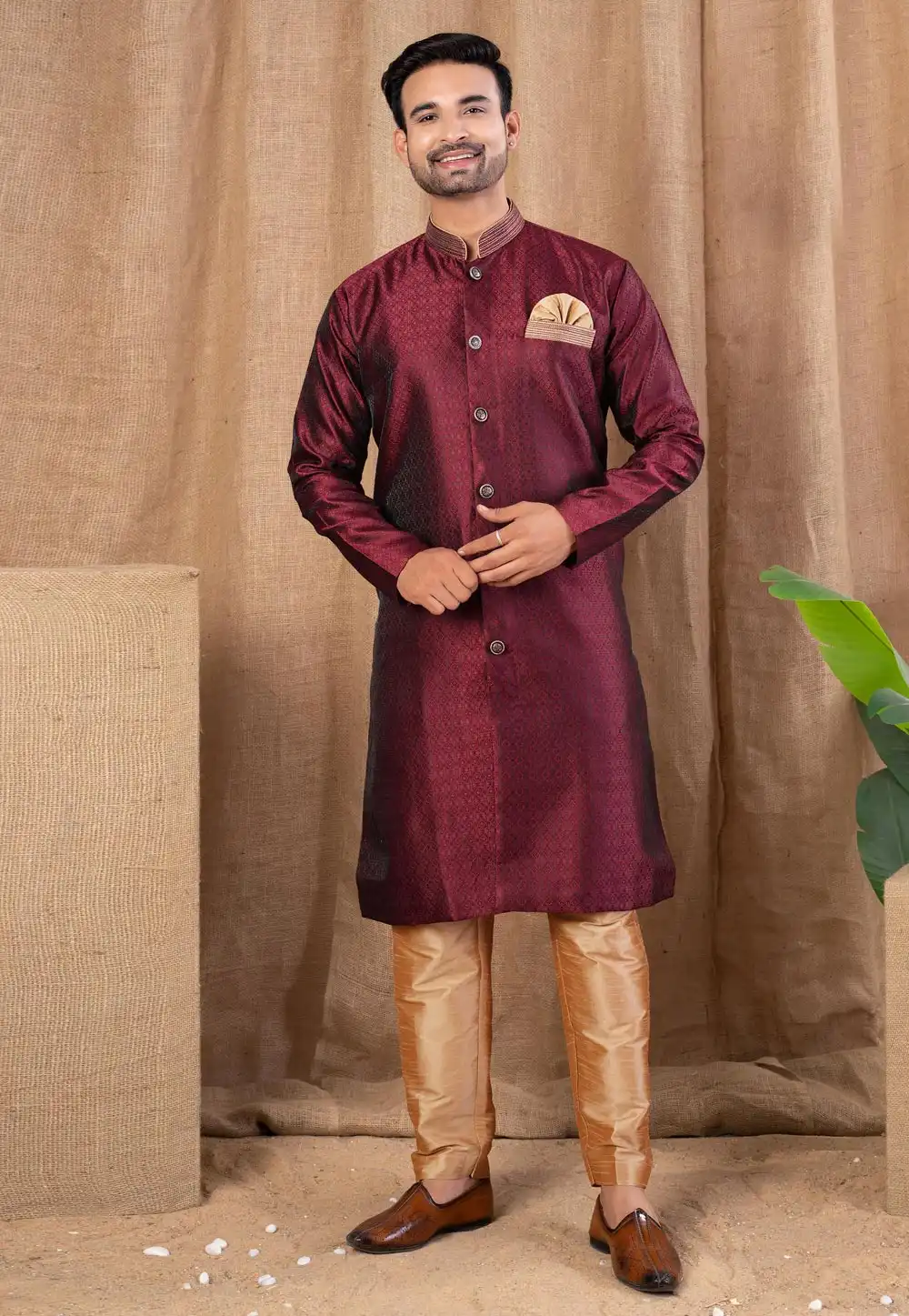 Maroon Jacquard Indo Western Suit 316461