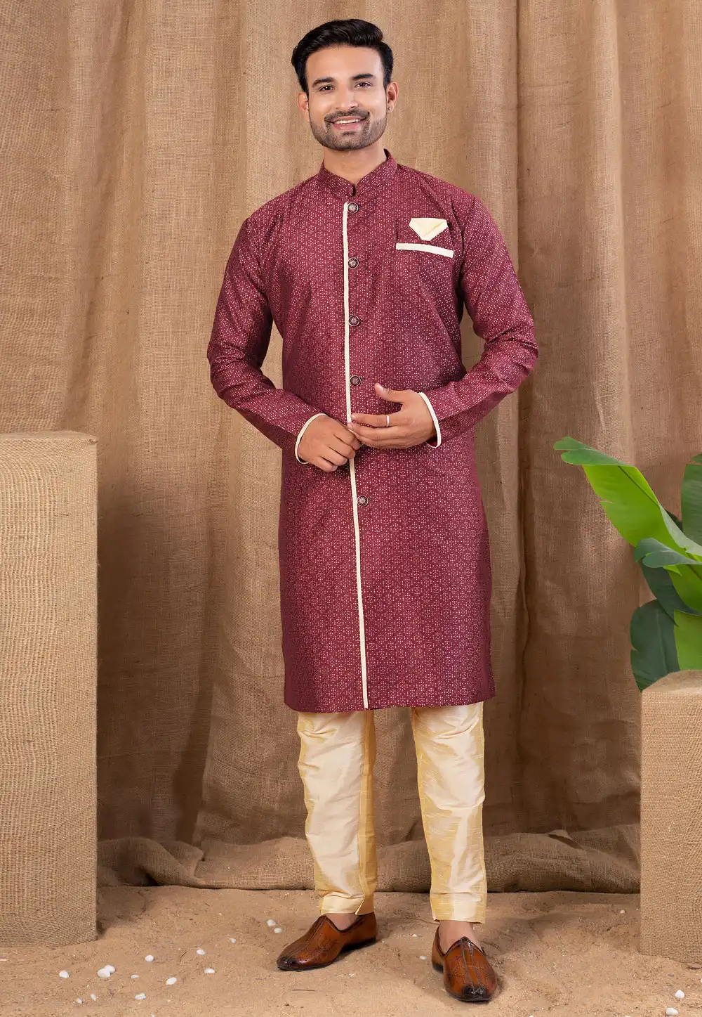 Maroon Jacquard Indo Western Suit 316469