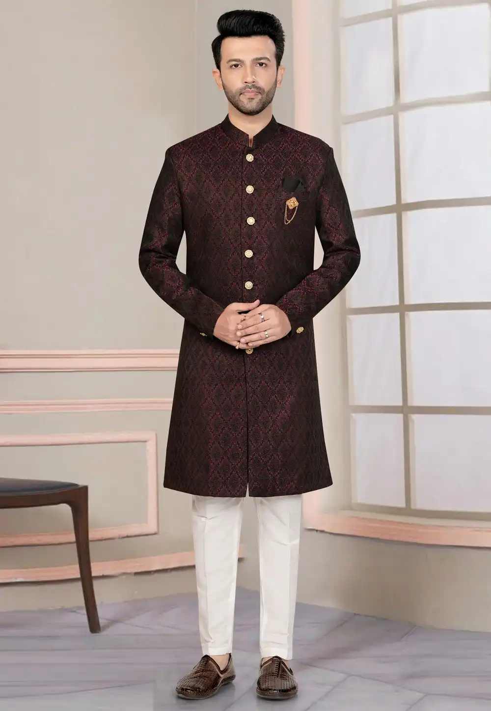 Maroon Jacquard Indo Western Suit 316115