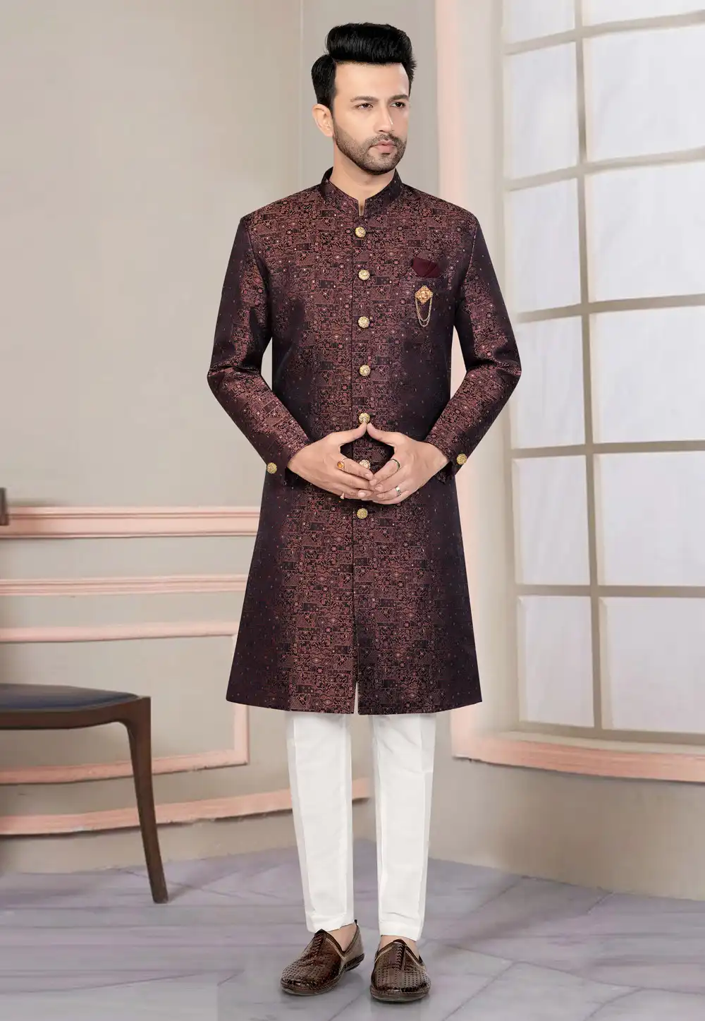 Maroon Jacquard Indo Western Suit 316117