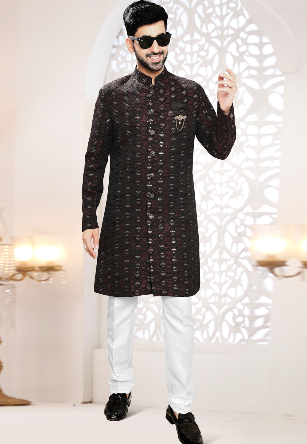 Maroon Jacquard Indo Western Suit 306422
