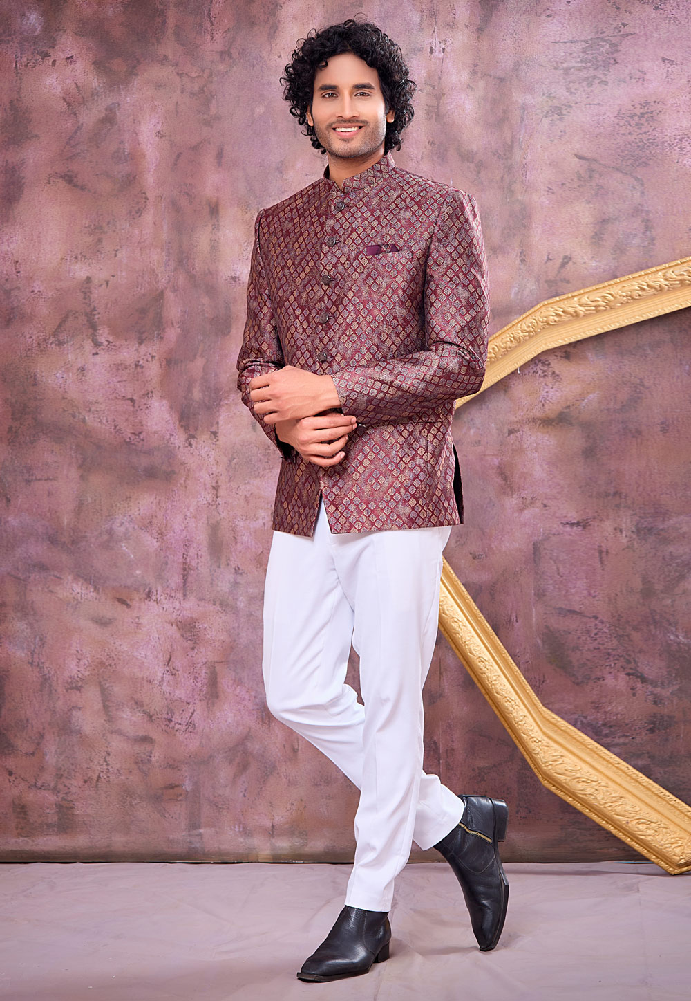 Maroon Jacquard Jodhpuri Suit 327098