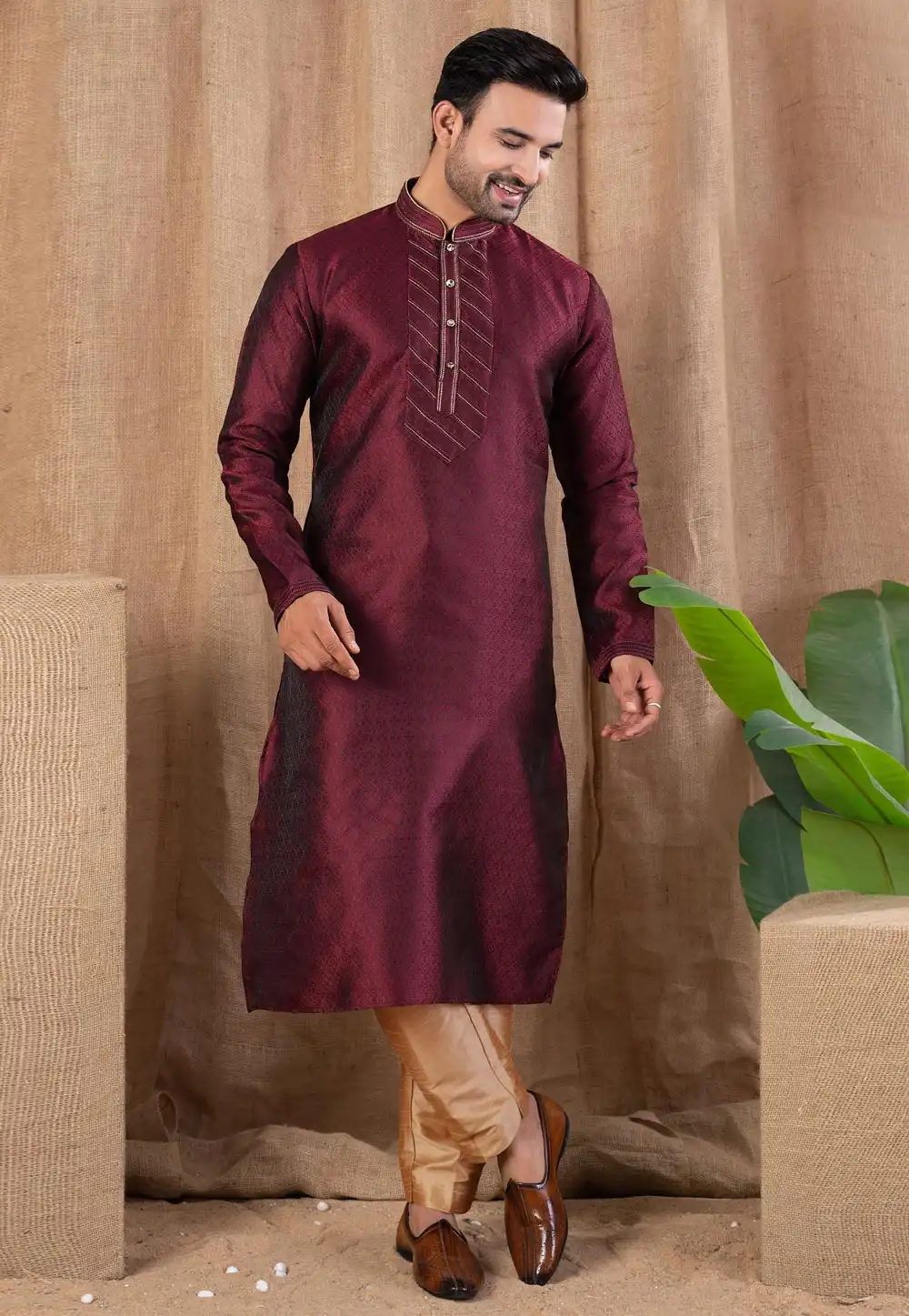 Maroon Jacquard Kurta Pajama 316421