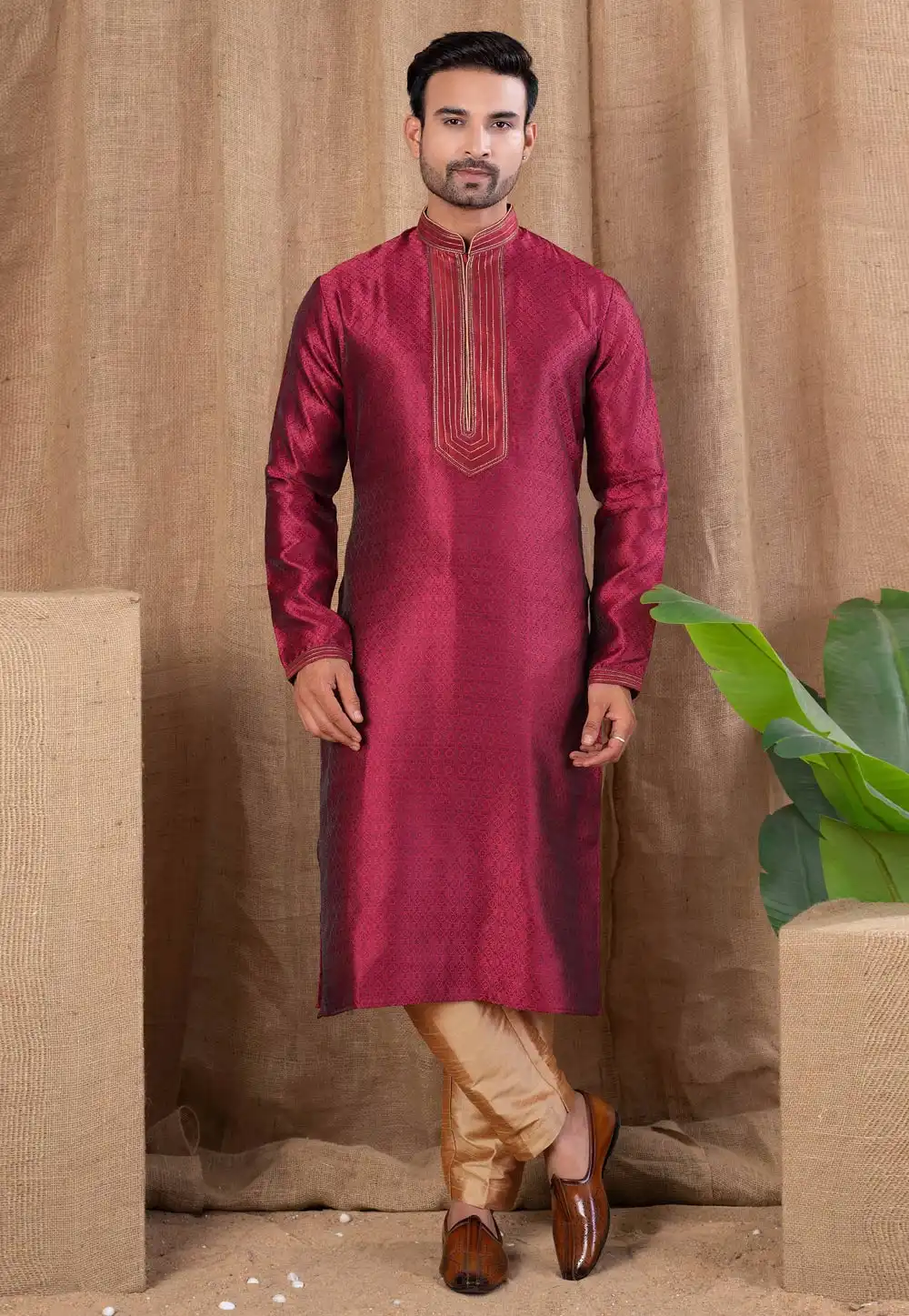 Maroon Jacquard Kurta Pajama 316424