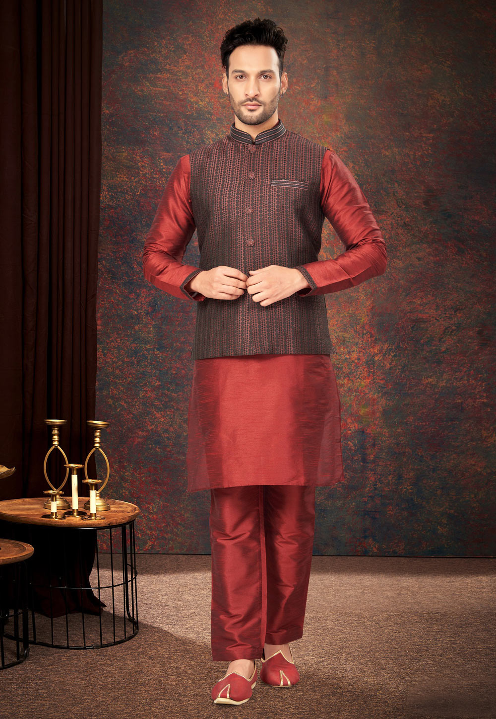 Maroon Jacquard Kurta Pajama With Jacket 283998