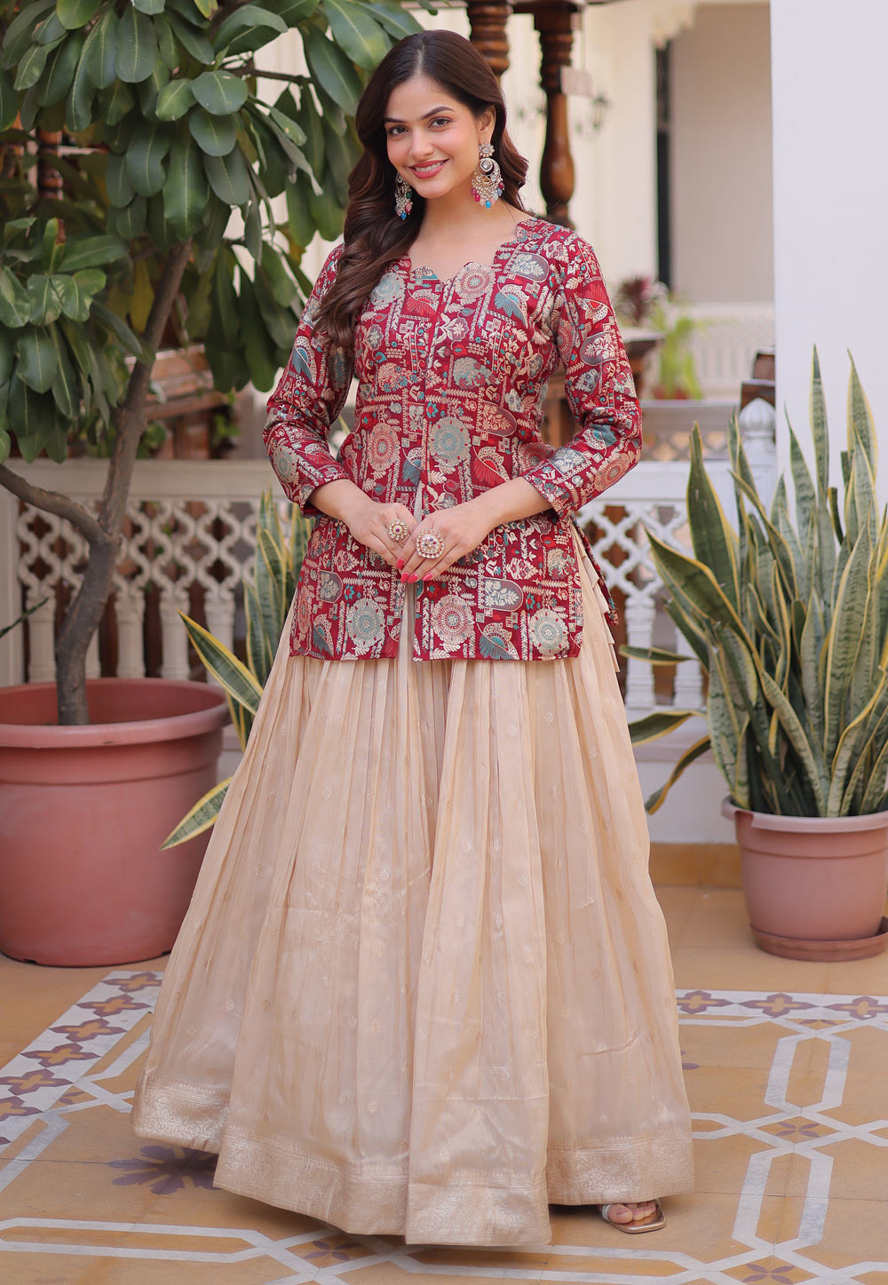 Maroon Jacquard Readymade Indo Western Lehenga Choli 323018