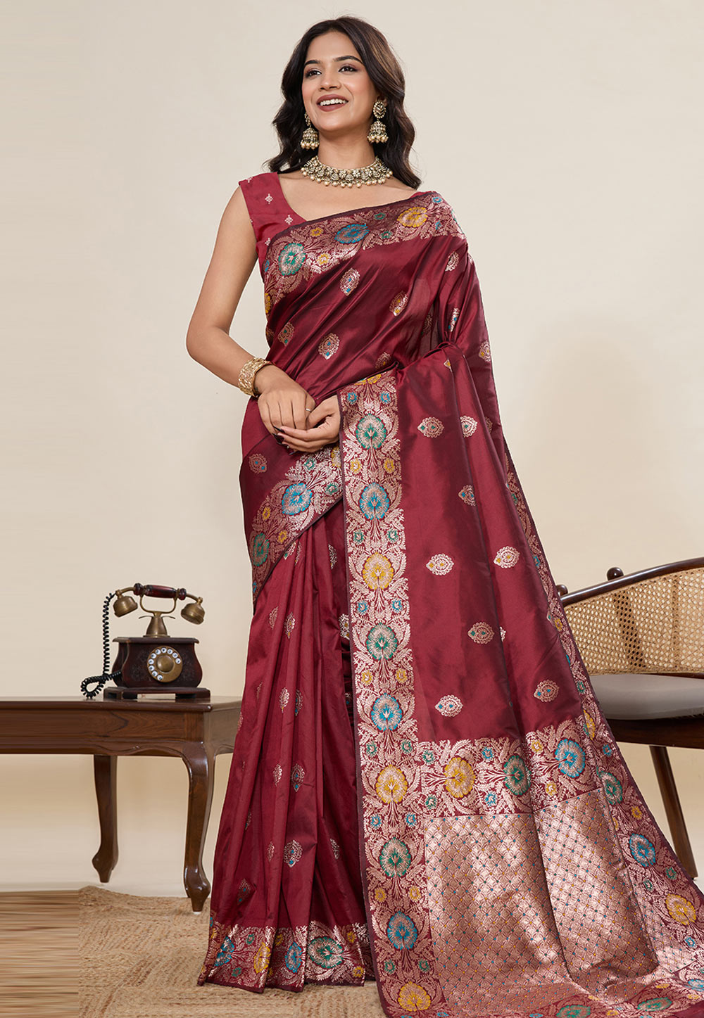 Maroon Jacquard Saree With Blouse 320703