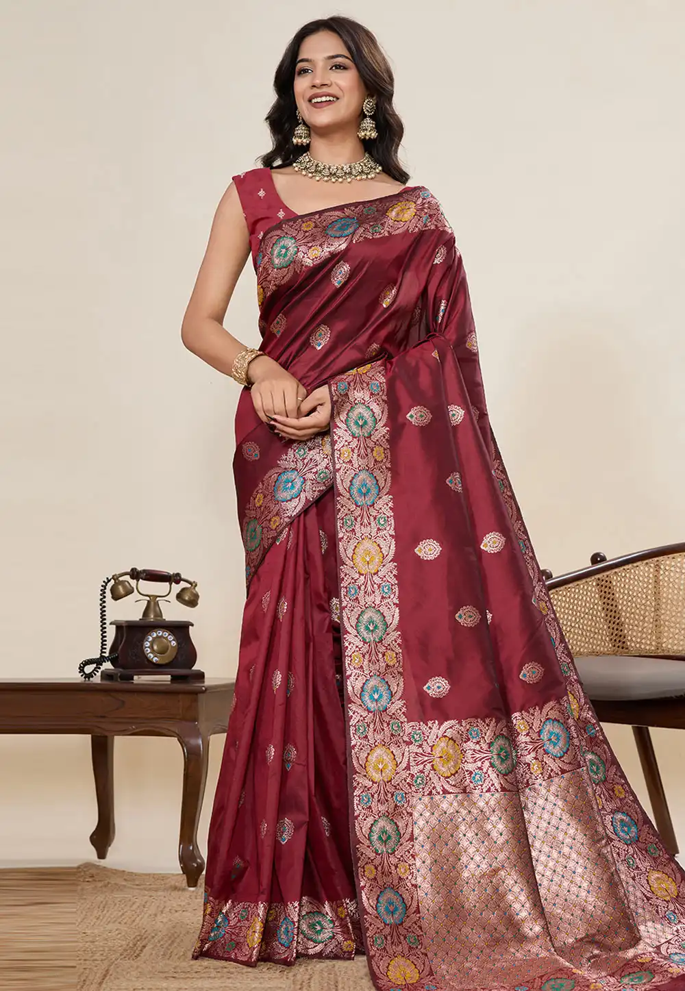 Maroon Jacquard Saree With Blouse 320703