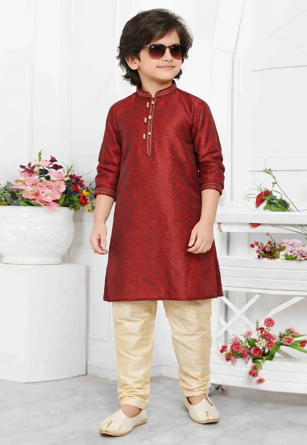 Maroon Jacquard Silk Kids Kurta Pajama 330779