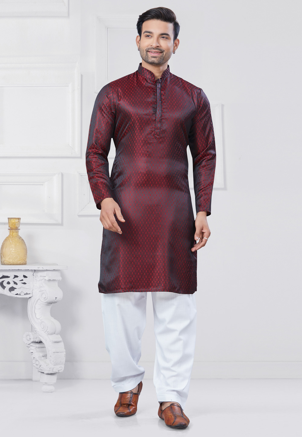 Maroon Jacquard Silk Pathani Suit 307353