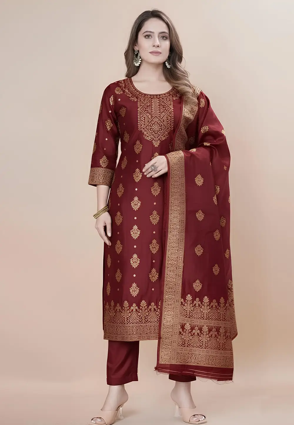 Maroon Jacquard Silk Readymade Pakistani Suit 333683