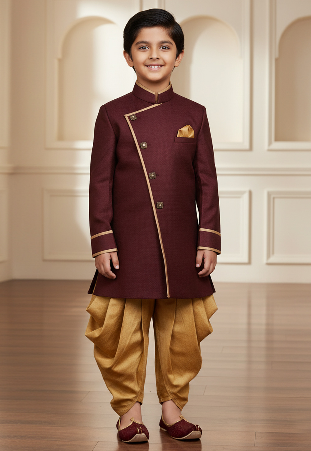 Maroon Jute Silk Kids Indo Western Suit 319637