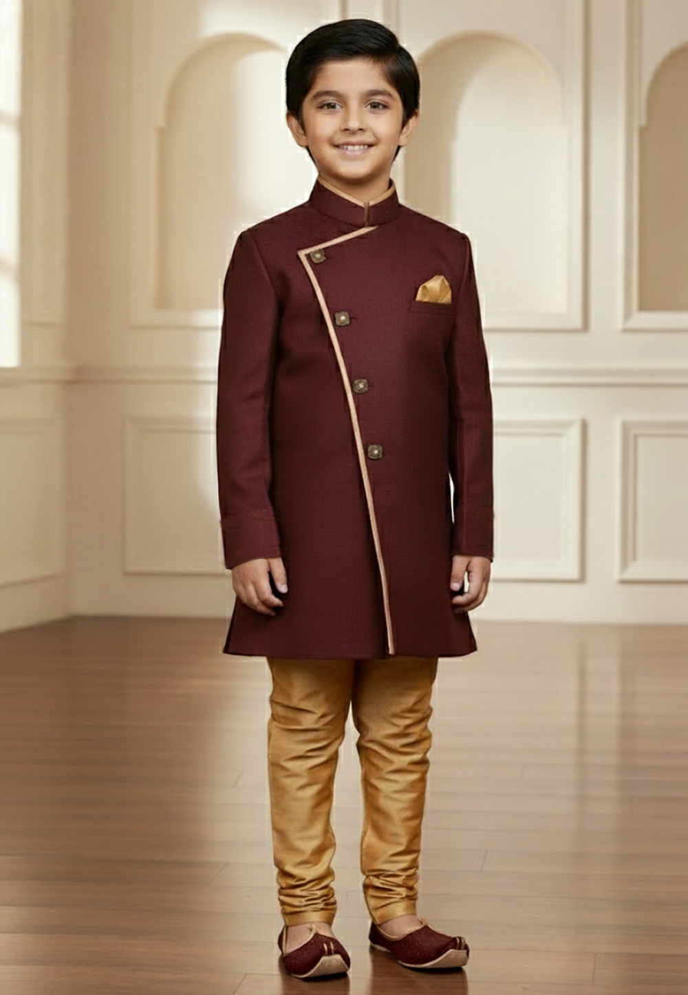 Maroon Jute Silk Kids Indo Western Suit 319644