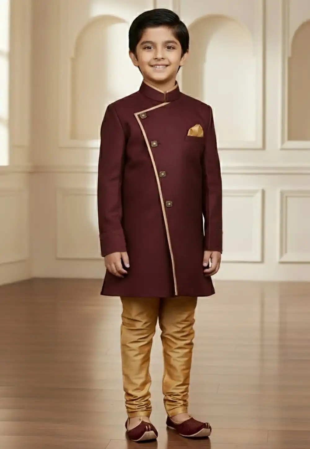 Maroon Jute Silk Kids Indo Western Suit 319644