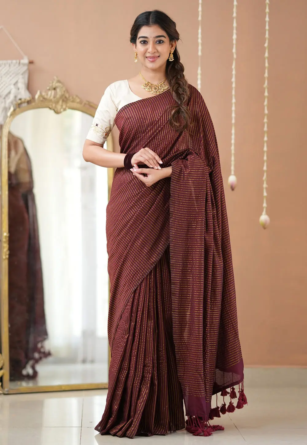 Maroon Khadi Saree With Blouse 332710