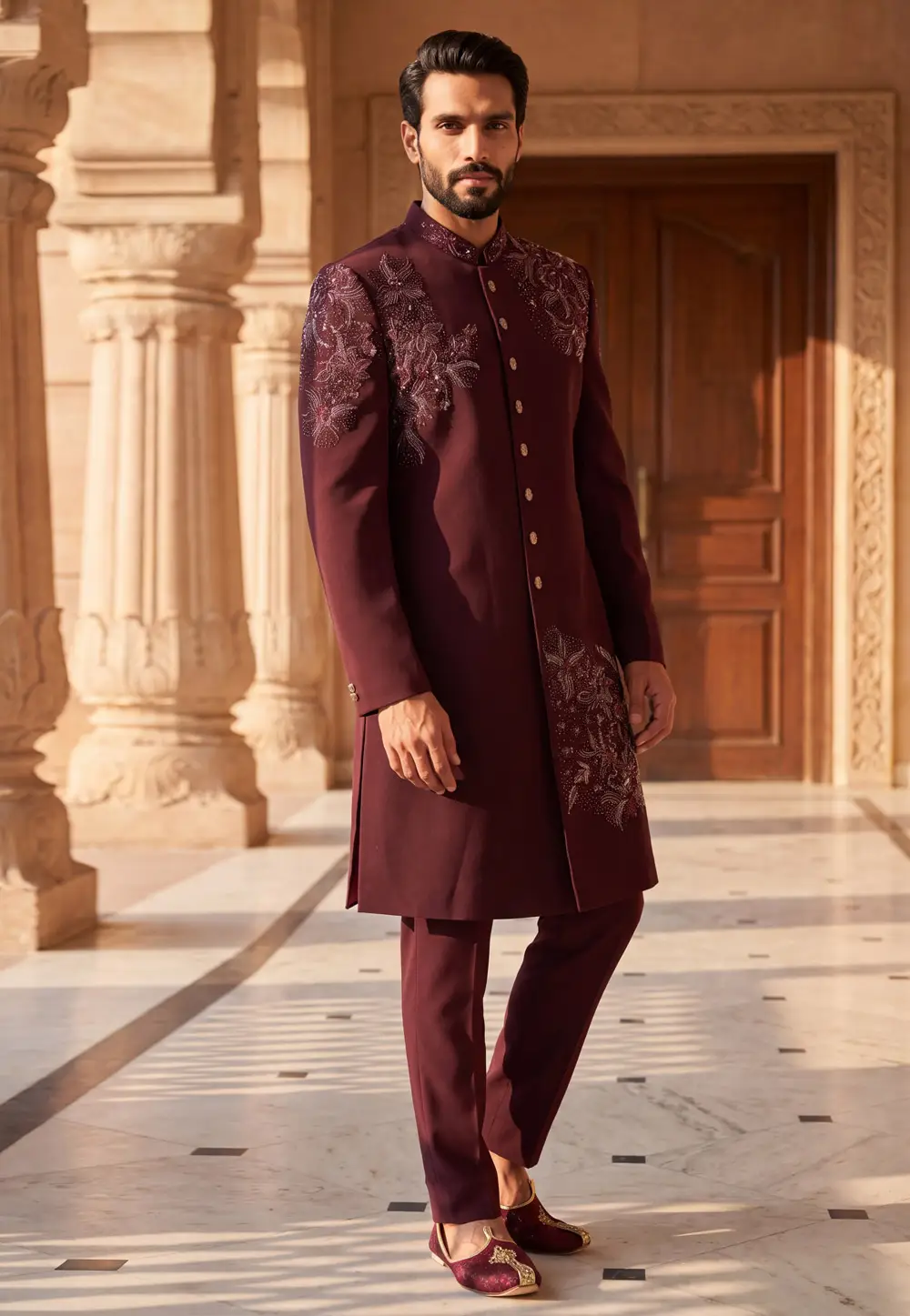 Maroon Lachka Indo Western Suit 335902