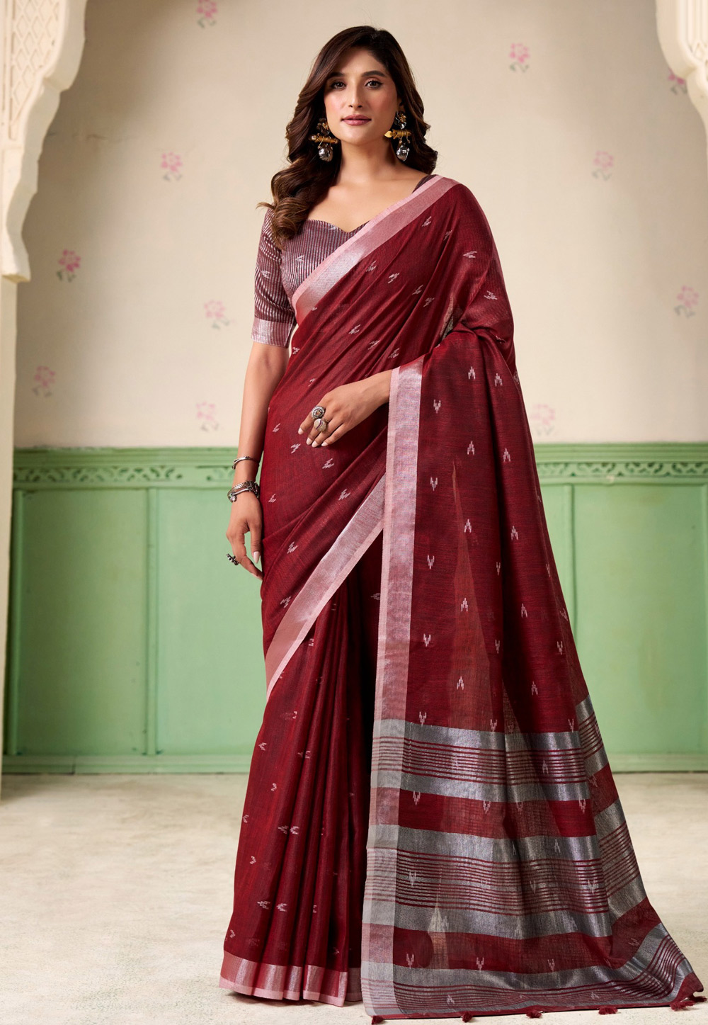 Maroon Linen Saree With Blouse 319711