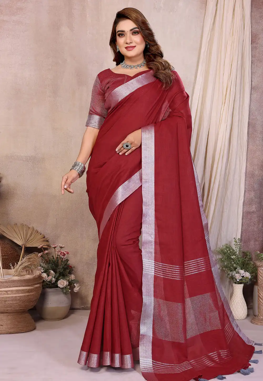 Maroon Linen Saree With Blouse 319829
