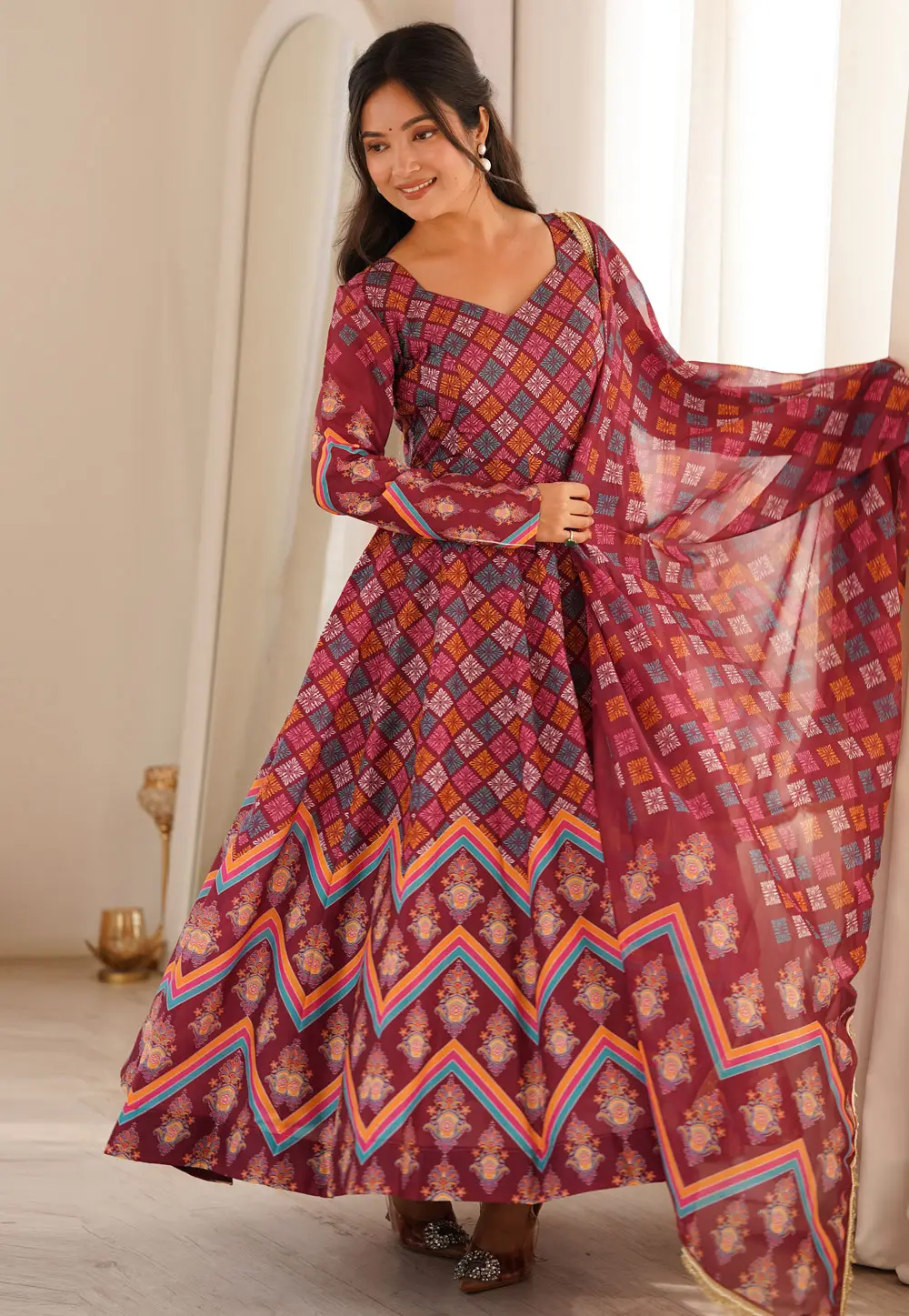 Maroon Muslin Readymade Long Anarkali Suit 333150