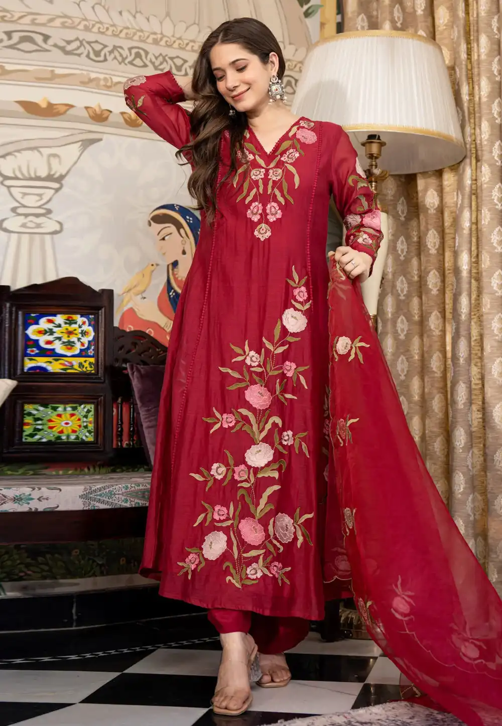 Maroon Muslin Readymade Pant Style Suit 324043