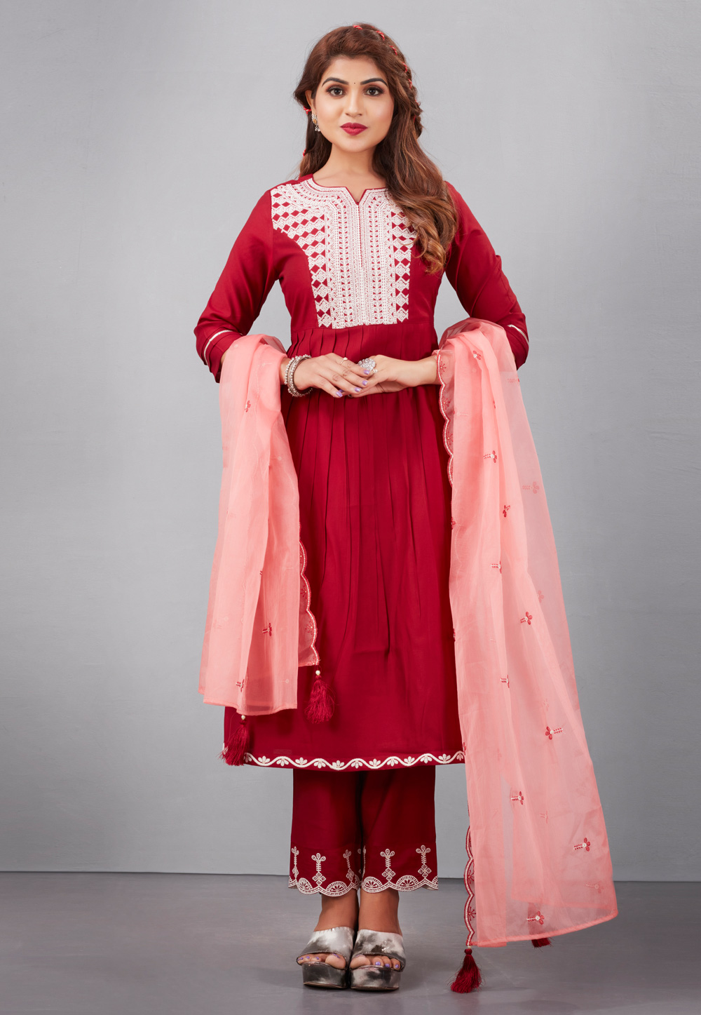 Maroon Muslin Readymade Pant Style Suit 281247