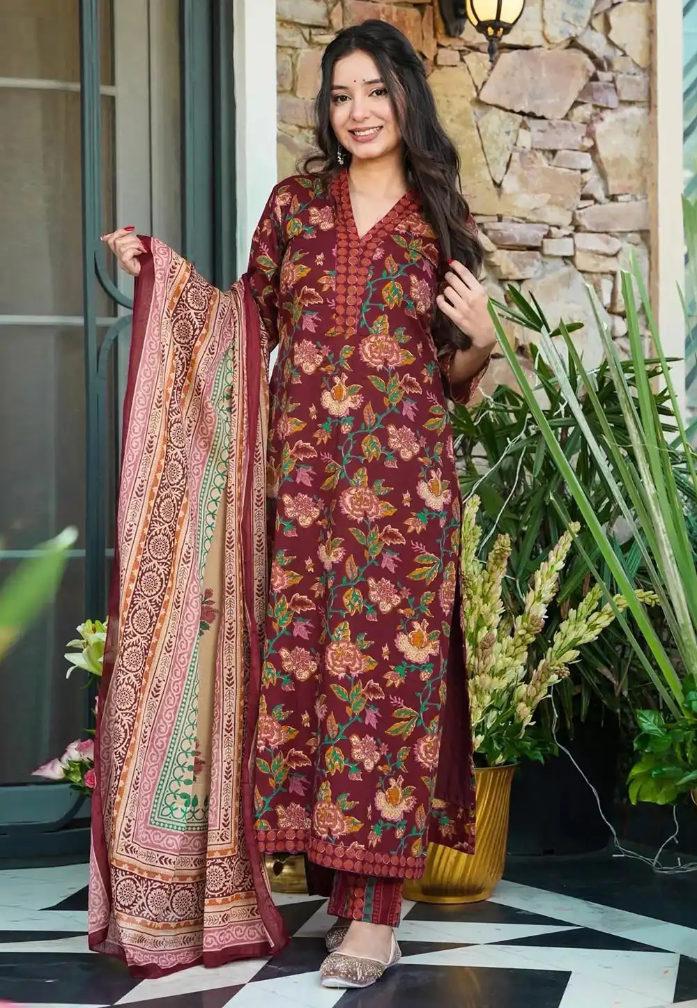 Maroon Muslin Readymade Pant Style Suit 320900