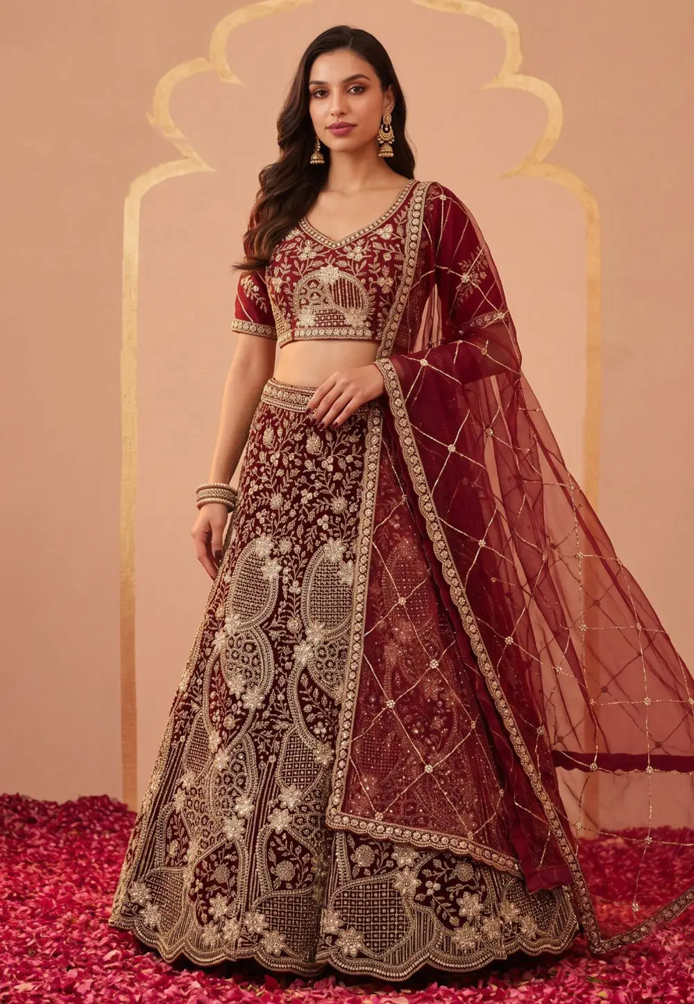 Maroon Net Bridal Lehenga Choli 337262