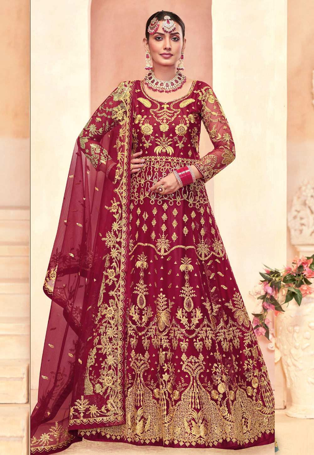 Maroon Net Embroidered Anarkali Suit 327708