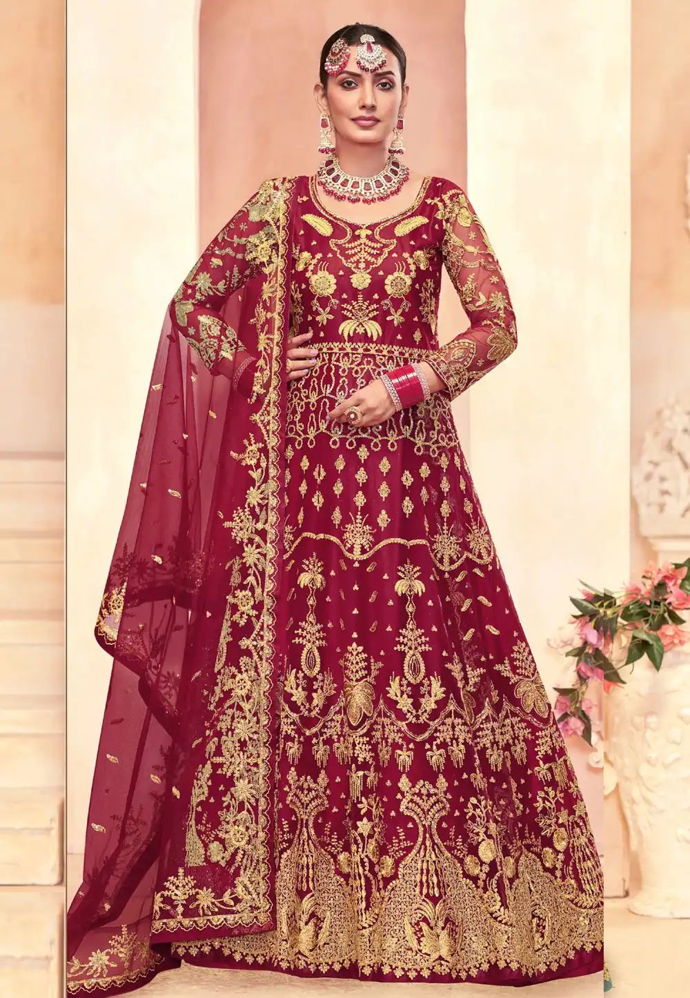 Maroon Net Embroidered Anarkali Suit 327708
