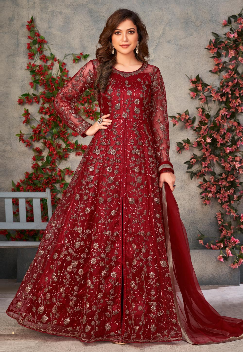 Maroon Net Embroidered Pant Style Suit 308313