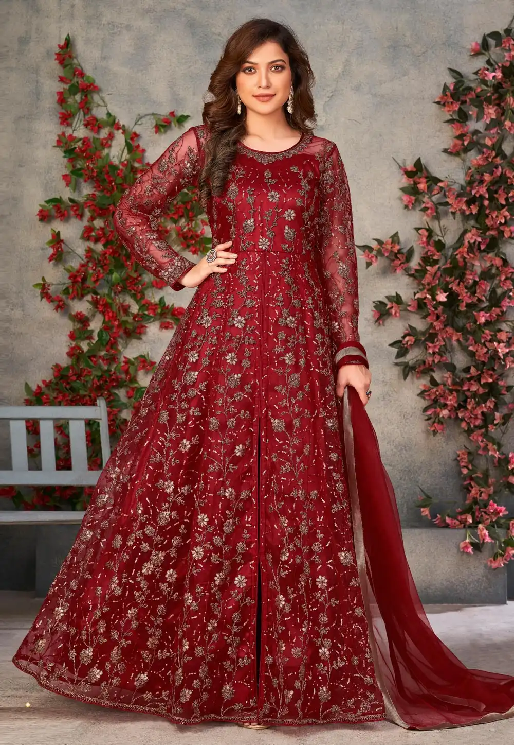 Maroon Net Embroidered Pant Style Suit 308313