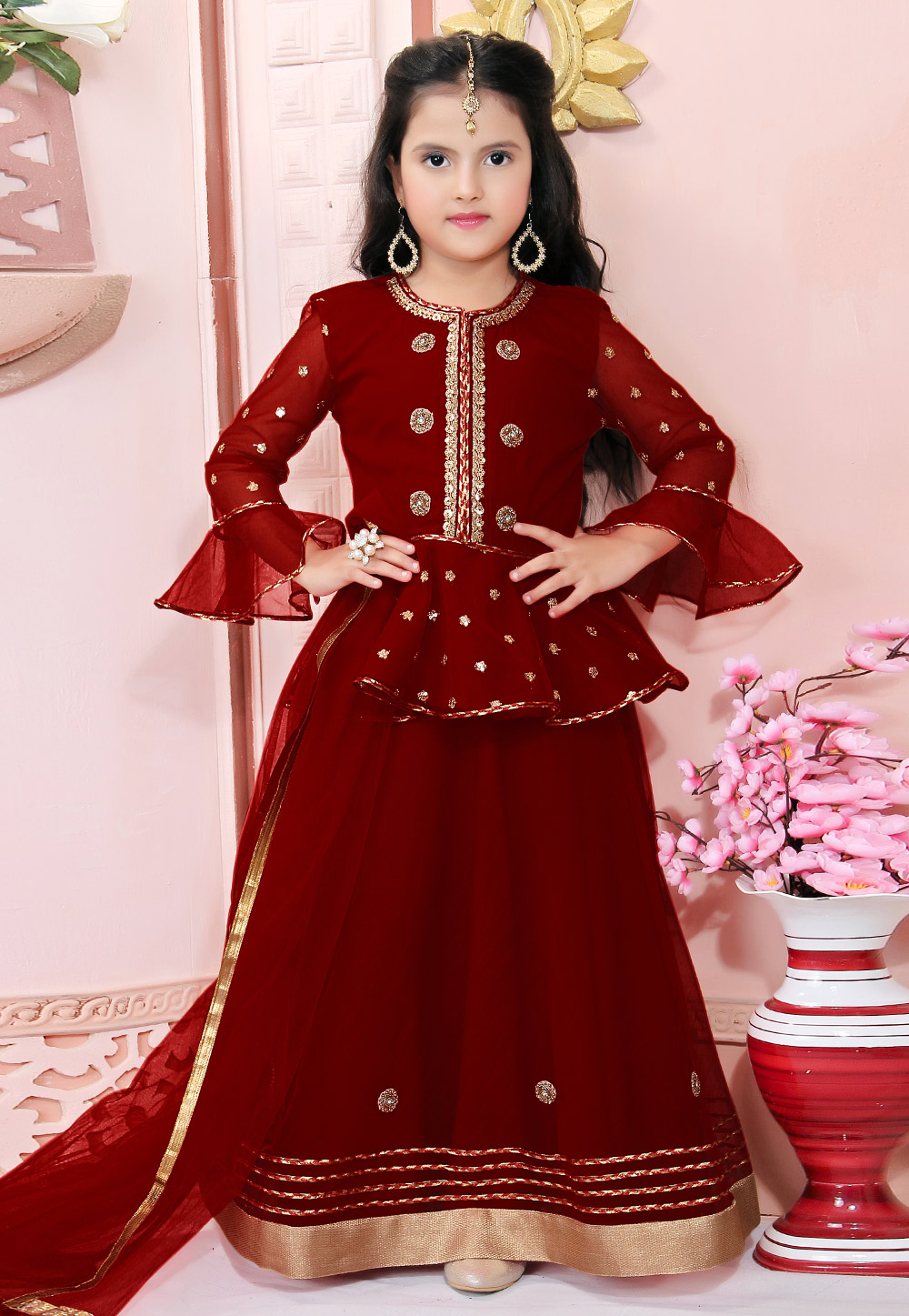 Maroon Net Kids Lehenga Choli 312250