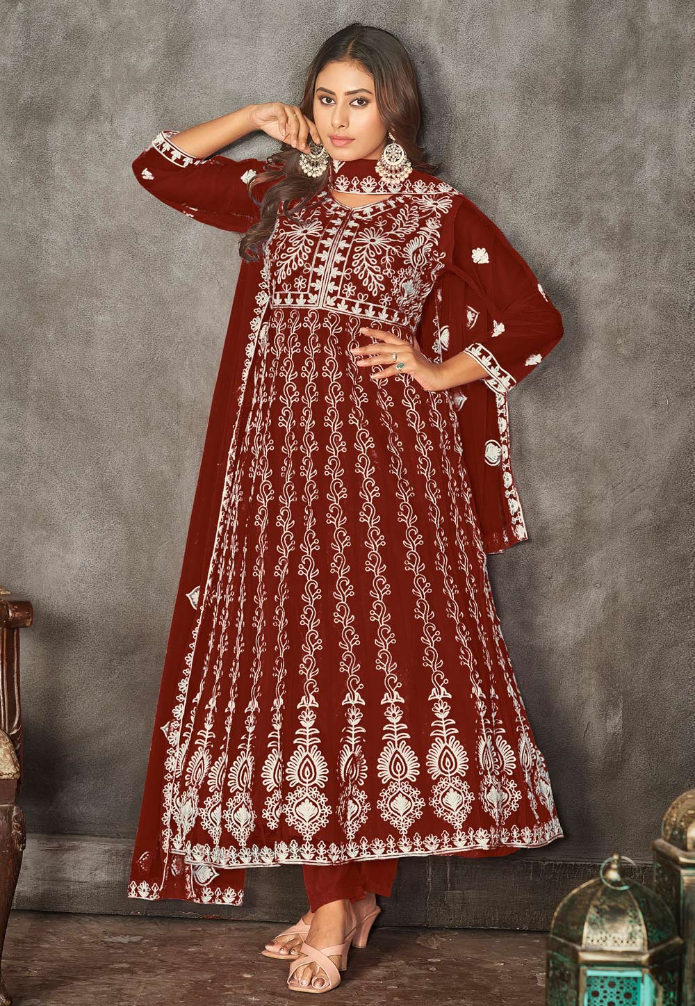 Maroon Net Long Anarkali Suit 282446