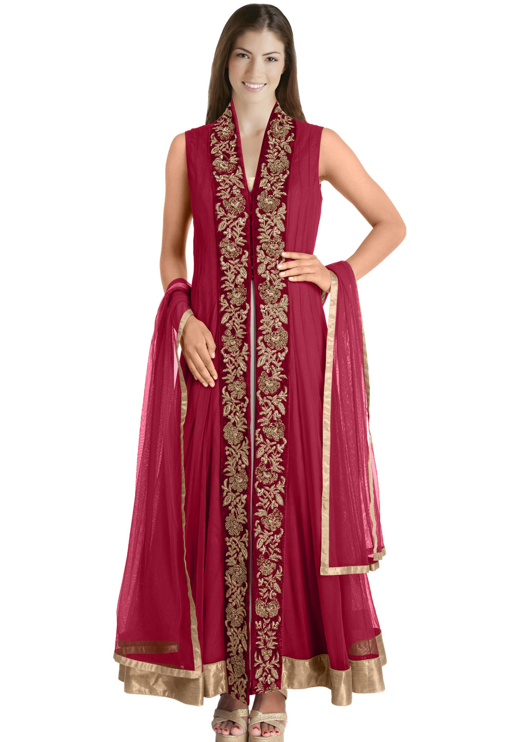 Maroon Net Readymade Anarkali Suit 321770