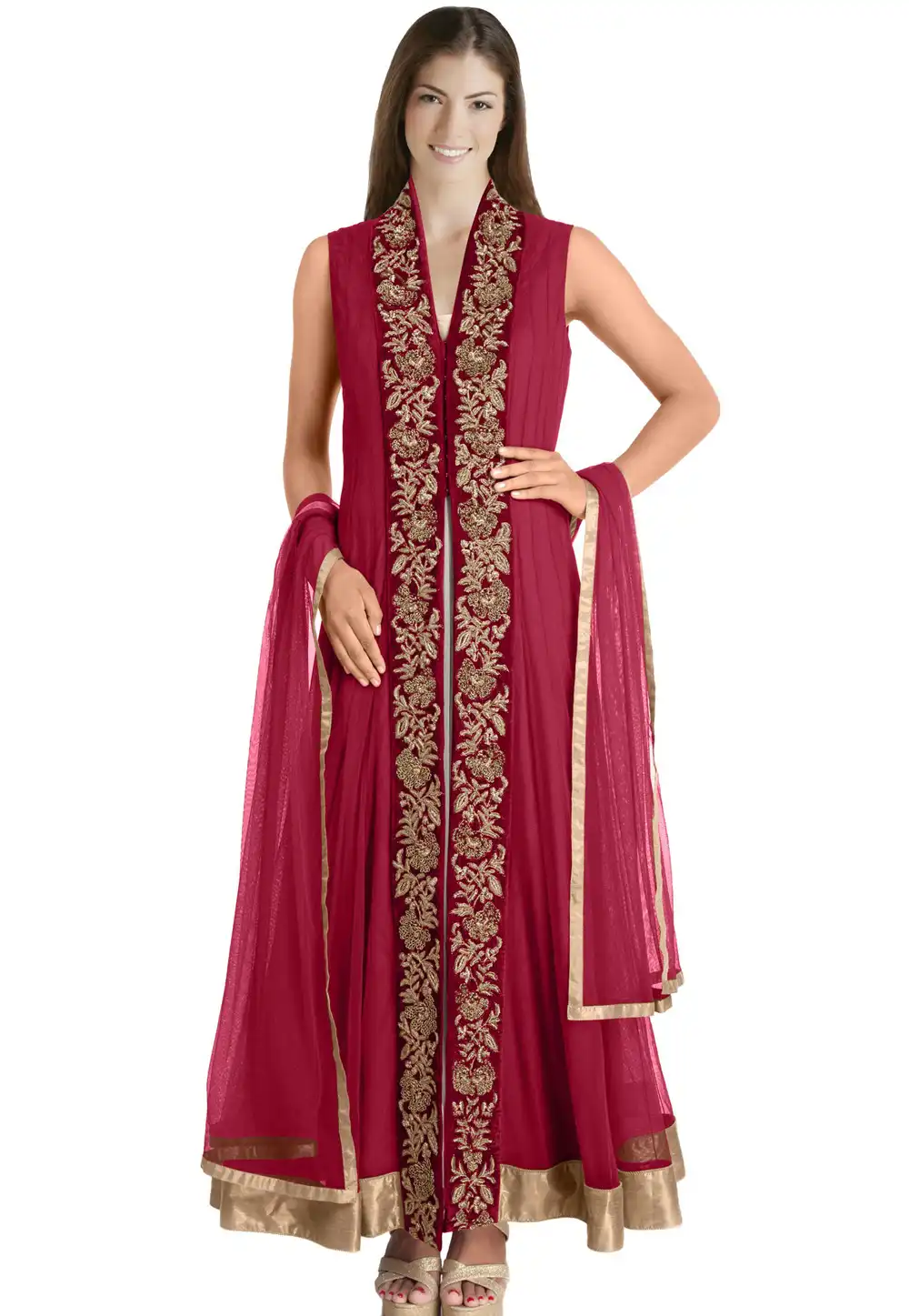 Maroon Net Readymade Anarkali Suit 321770