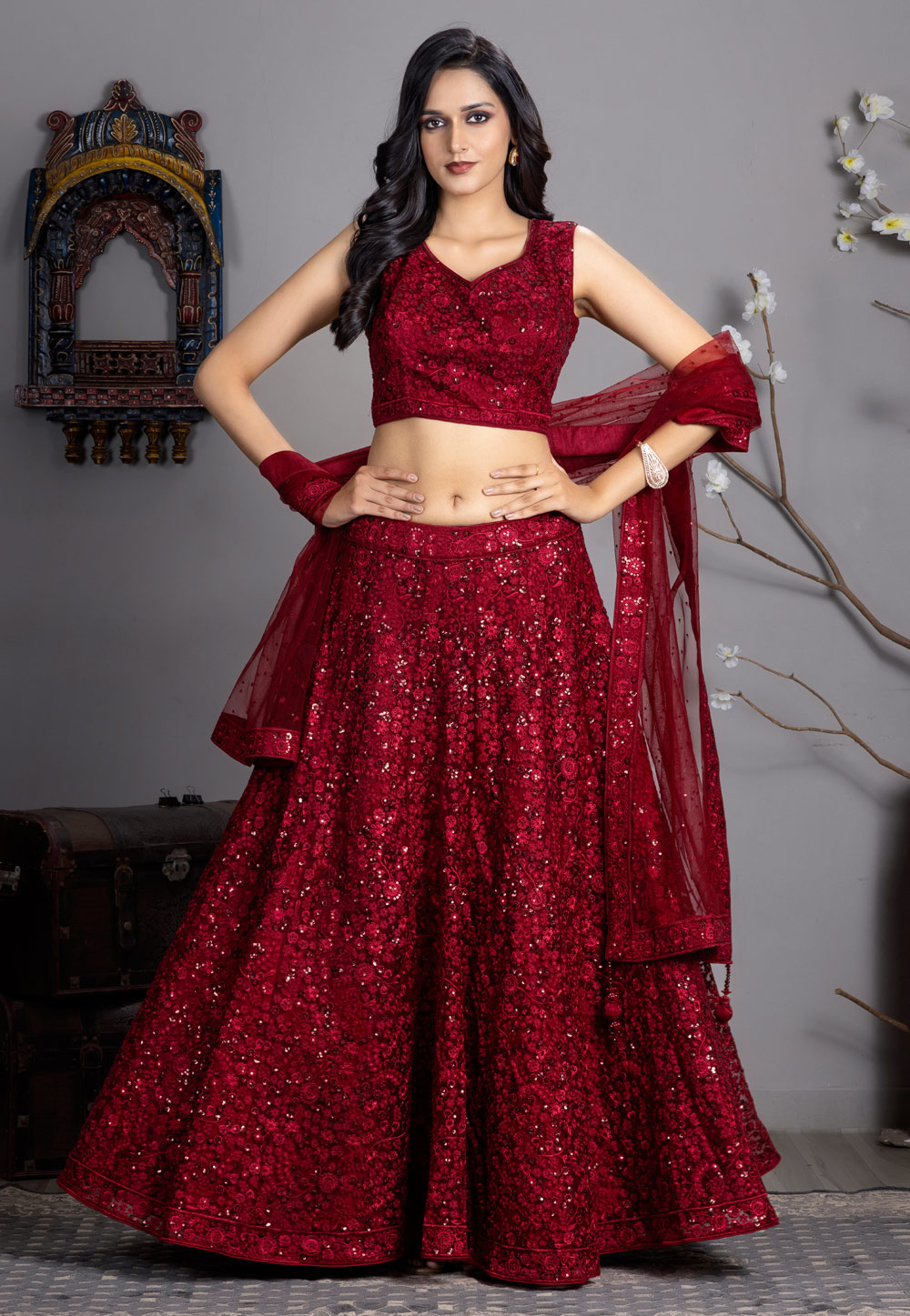 Maroon Net Readymade Bridal Lehenga Choli 307857