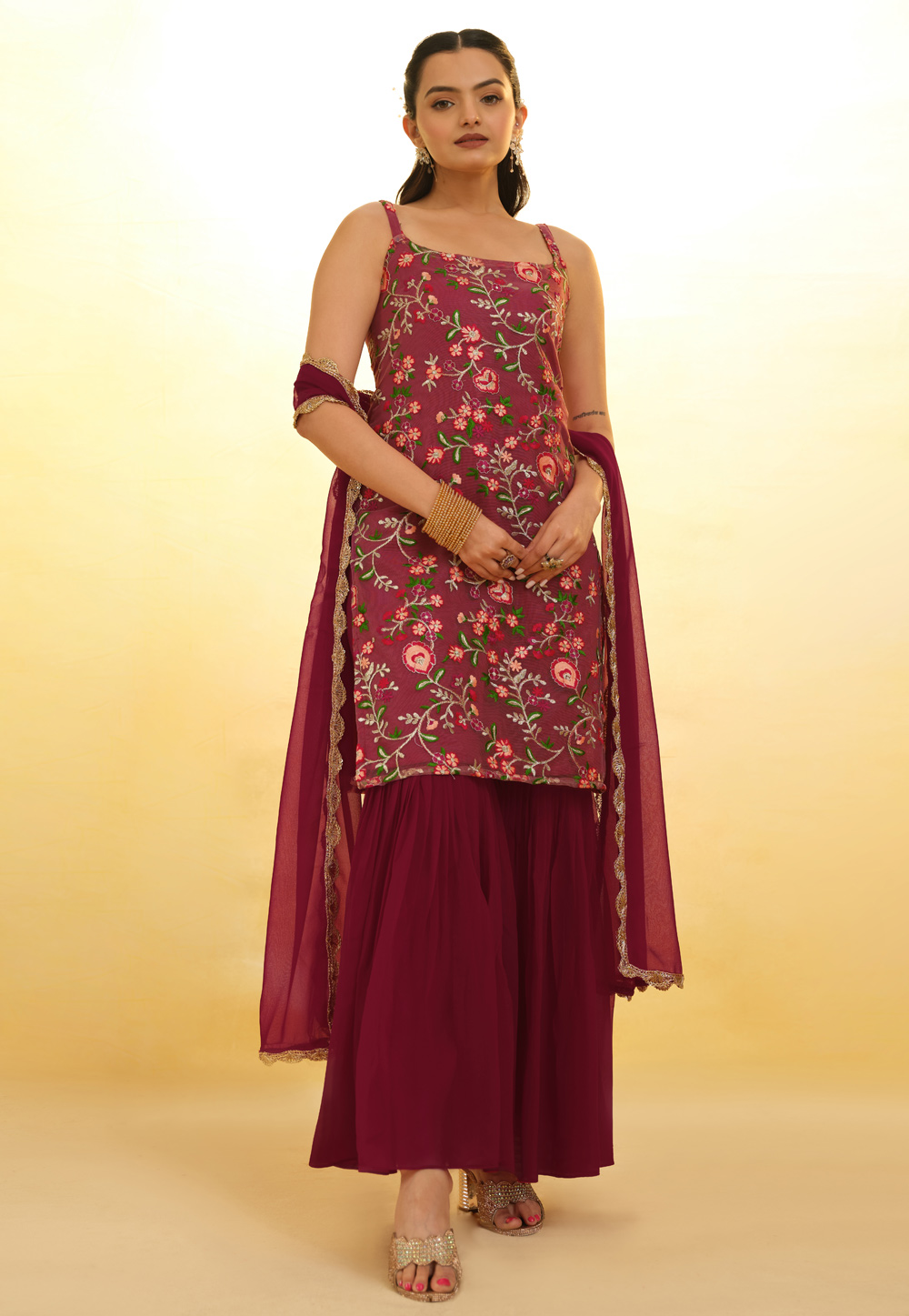 Maroon Net Readymade Sharara Suit 287465