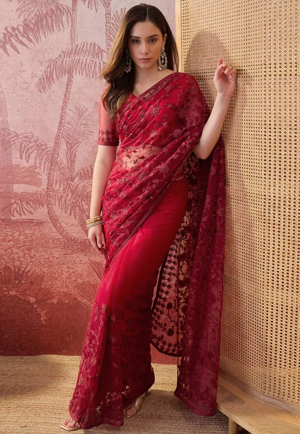 Maroon Net Saree With Blouse 331738