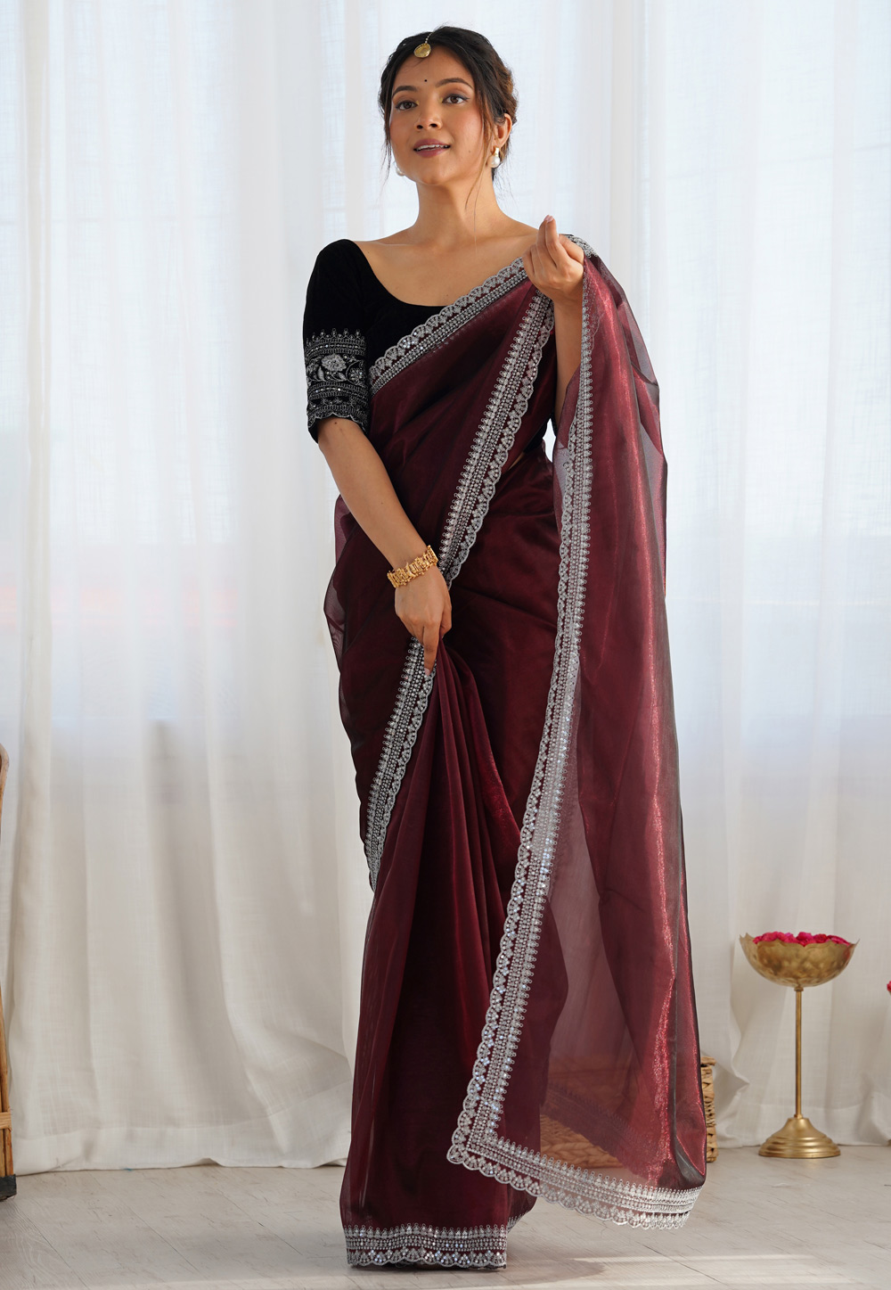 Maroon Net Saree With Blouse 312271
