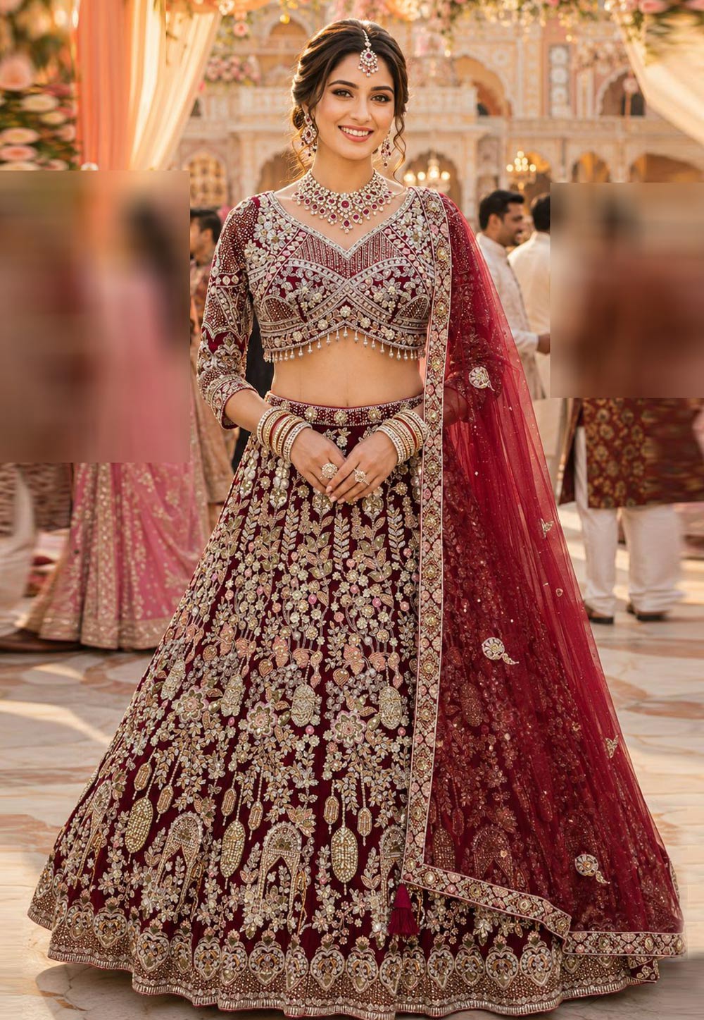 Maroon Net Wedding Lehenga Choli 328938