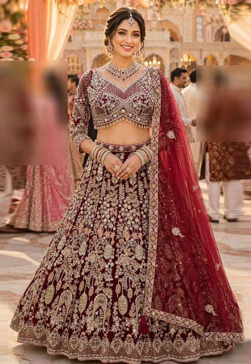 Maroon Net Wedding Lehenga Choli 328938