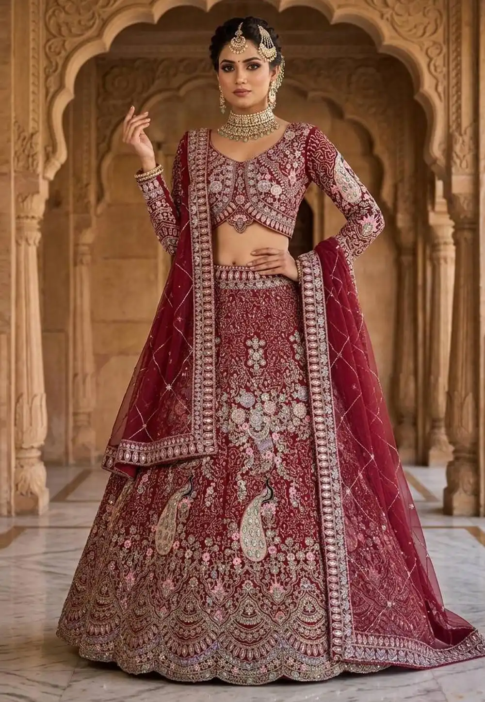Maroon Net Wedding Lehenga Choli 329119